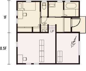 2階LDKの間取り図（0.5～1階）