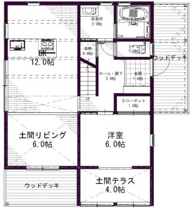 土間リビングのあるロフトハウス間取り図（1階）