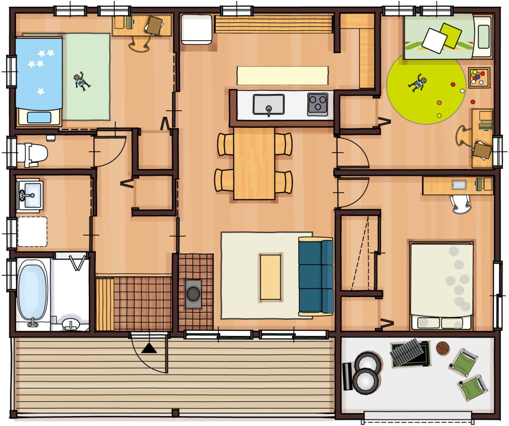 26坪のガレージ付き平屋間取り図