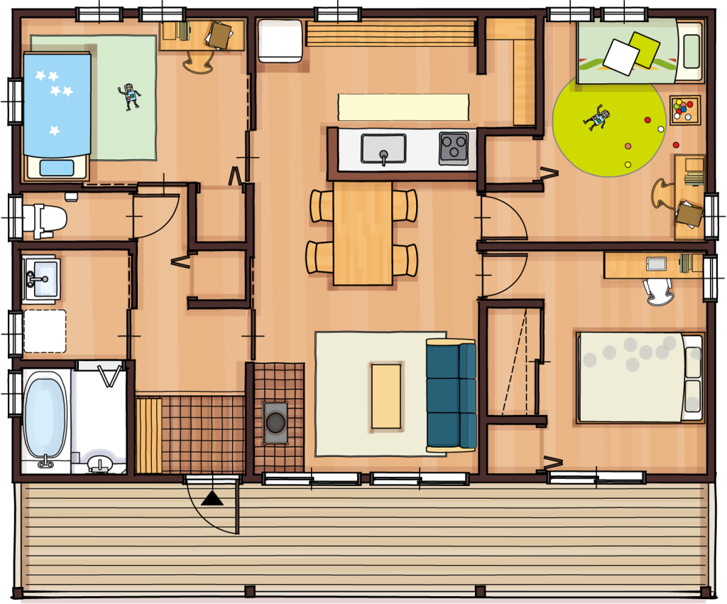 24坪3LDK南玄関の平屋間取り図