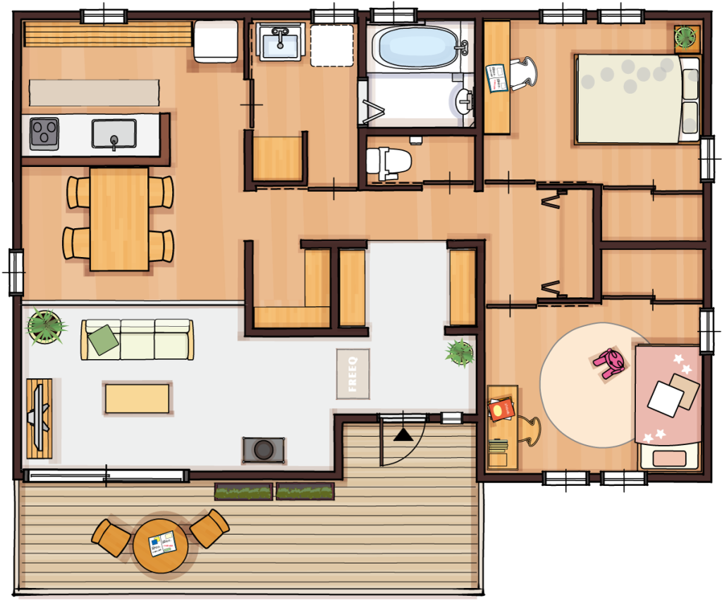 23.4坪・2LDK・南玄関の平屋間取り図