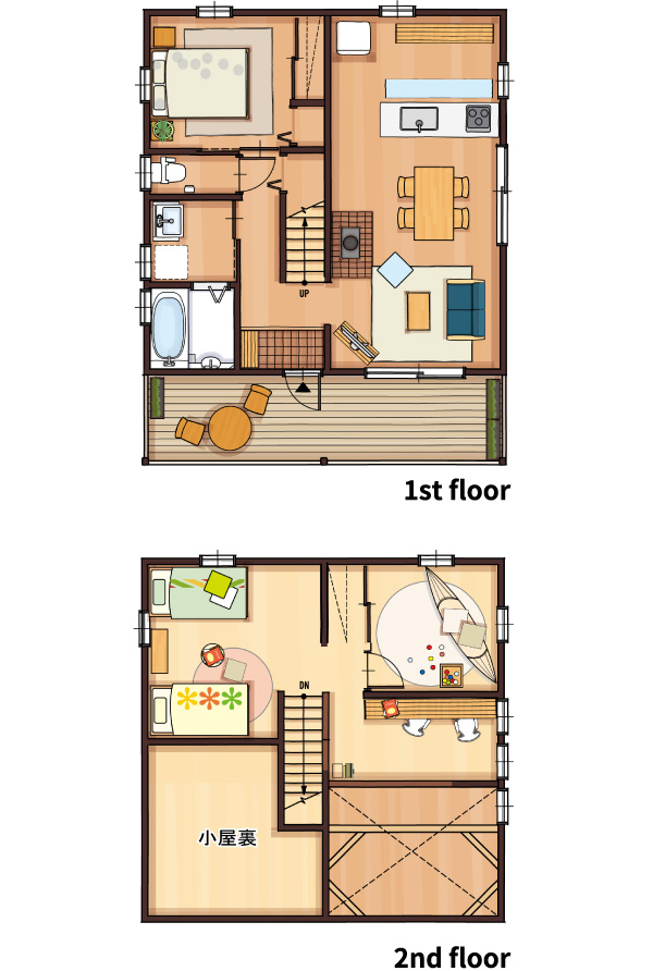 吹き抜けリビングのある平屋風二階建て（間取り図）