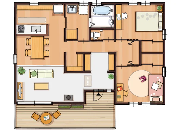 平屋の2LDK間取り図（23.4坪・南玄関）