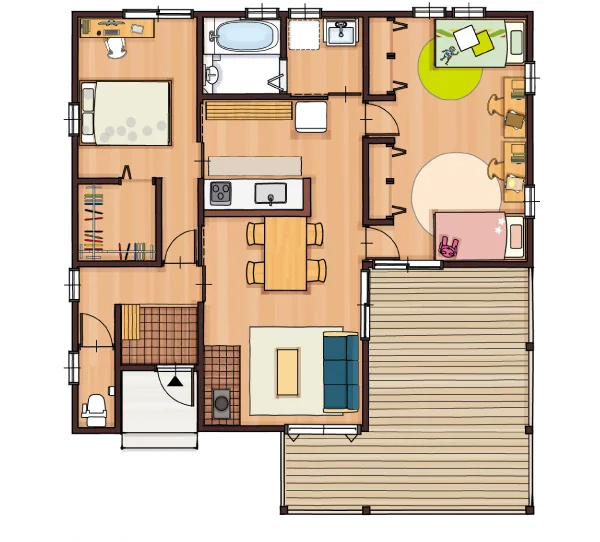 22.8坪南玄関2LDKの平屋間取り図