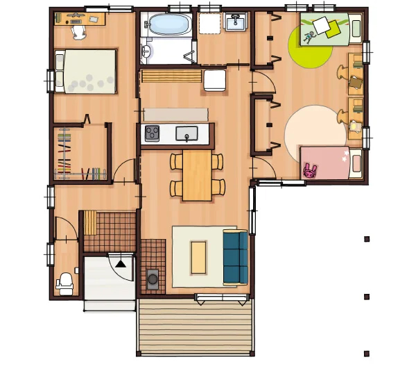 22.8坪・南玄関2LDKの平屋間取り図