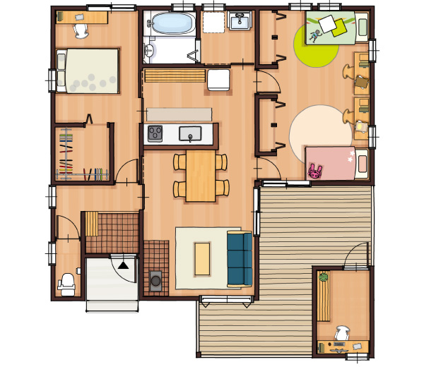 24.3坪、南玄関2LDK+離れの平屋間取り図