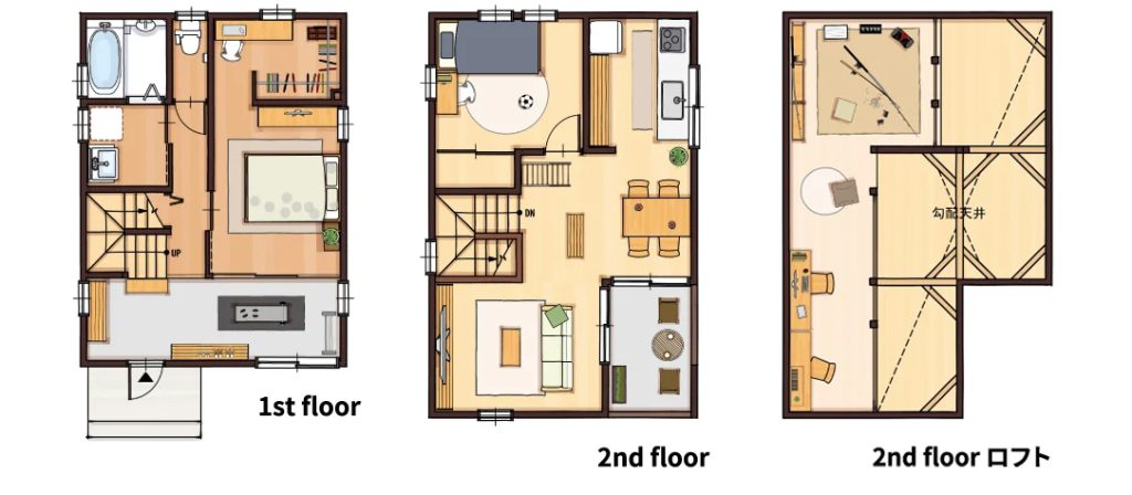 25.5坪のロフト付き二階建て間取り図（南玄関・2LDK）