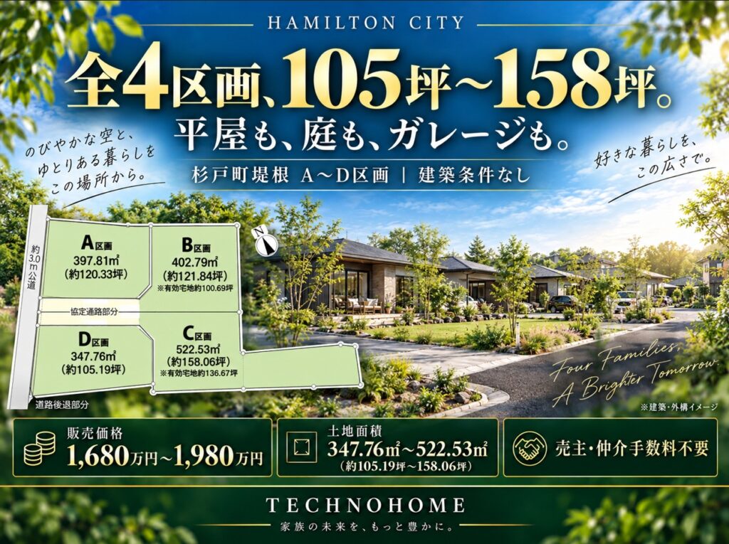 Hamilton City 杉戸町堤根D区画|105.19坪・1,680万円・建築条件なし