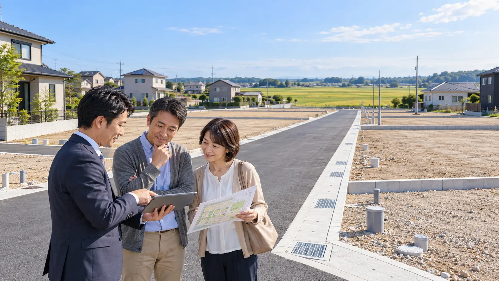 分譲地の道路や区画、配置図を見ながら土地選びを相談する夫婦のイメージ