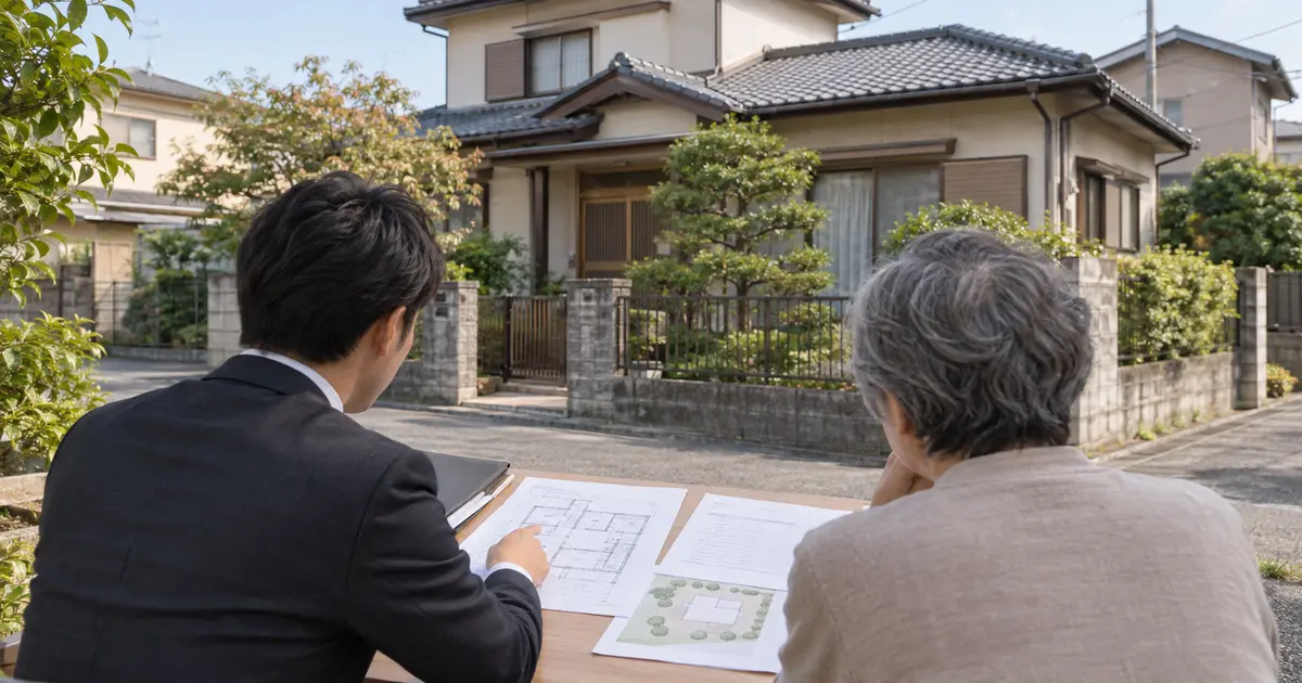 杉戸町の古家を前に売却方法を比べる所有者と不動産担当者(AI生成イメージ)