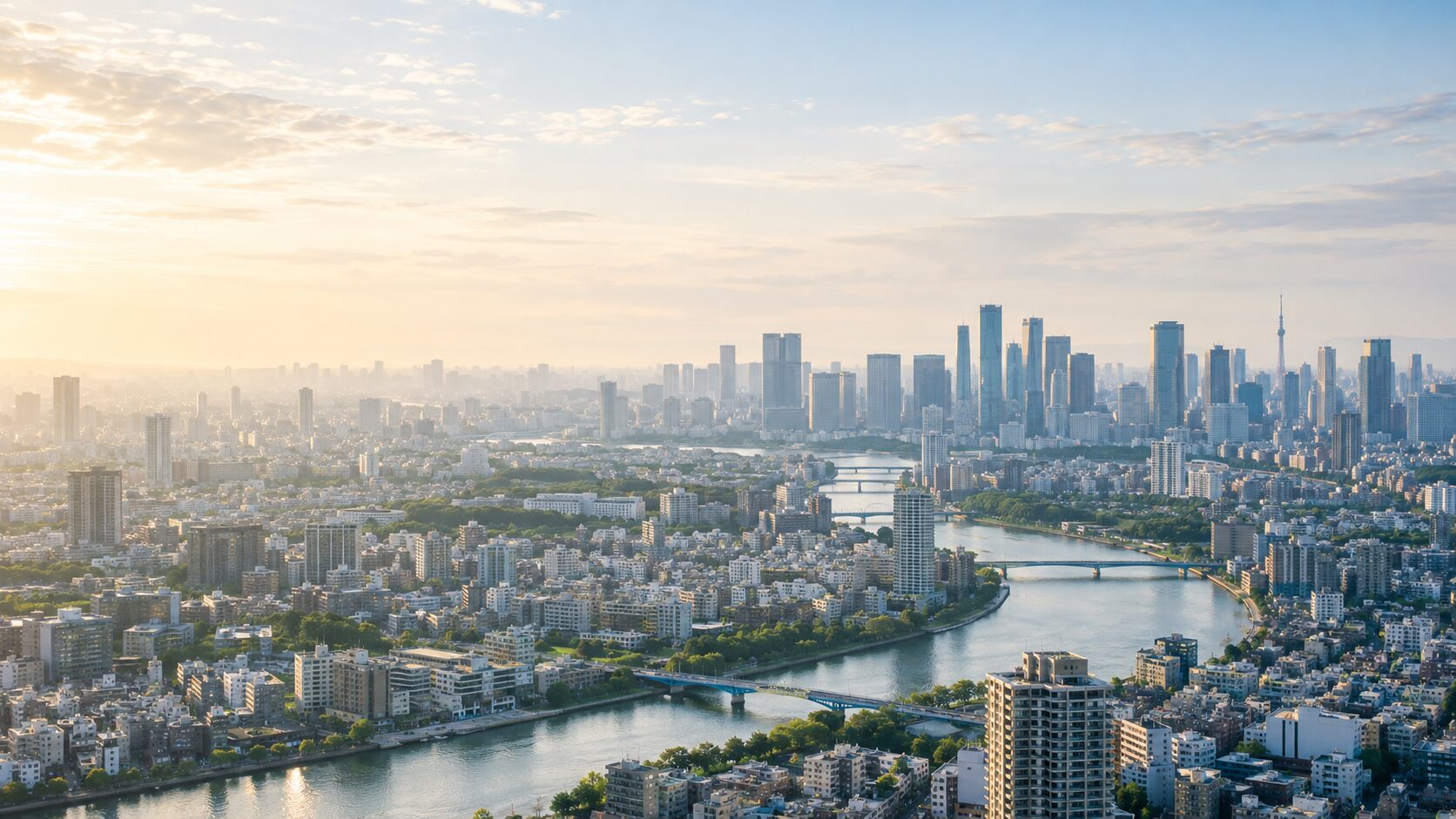 都内への通勤と郊外の暮らしを考えるための都市空撮イメージ